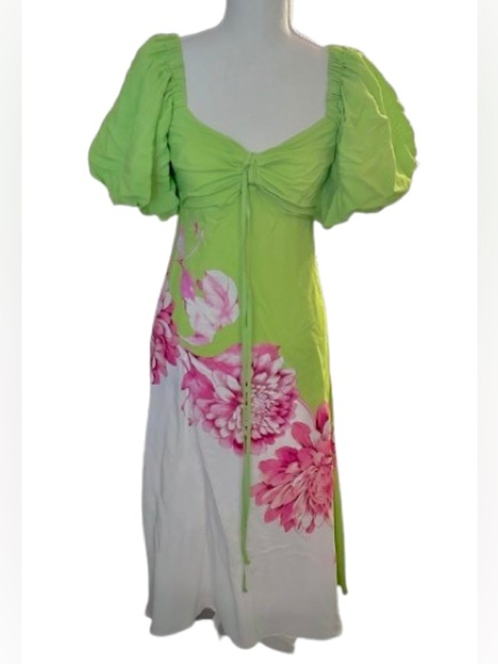 NWT Alex Marie 2 P Dress Extra Small Petite Floral Puffy Sleeve Midi Hawaiian